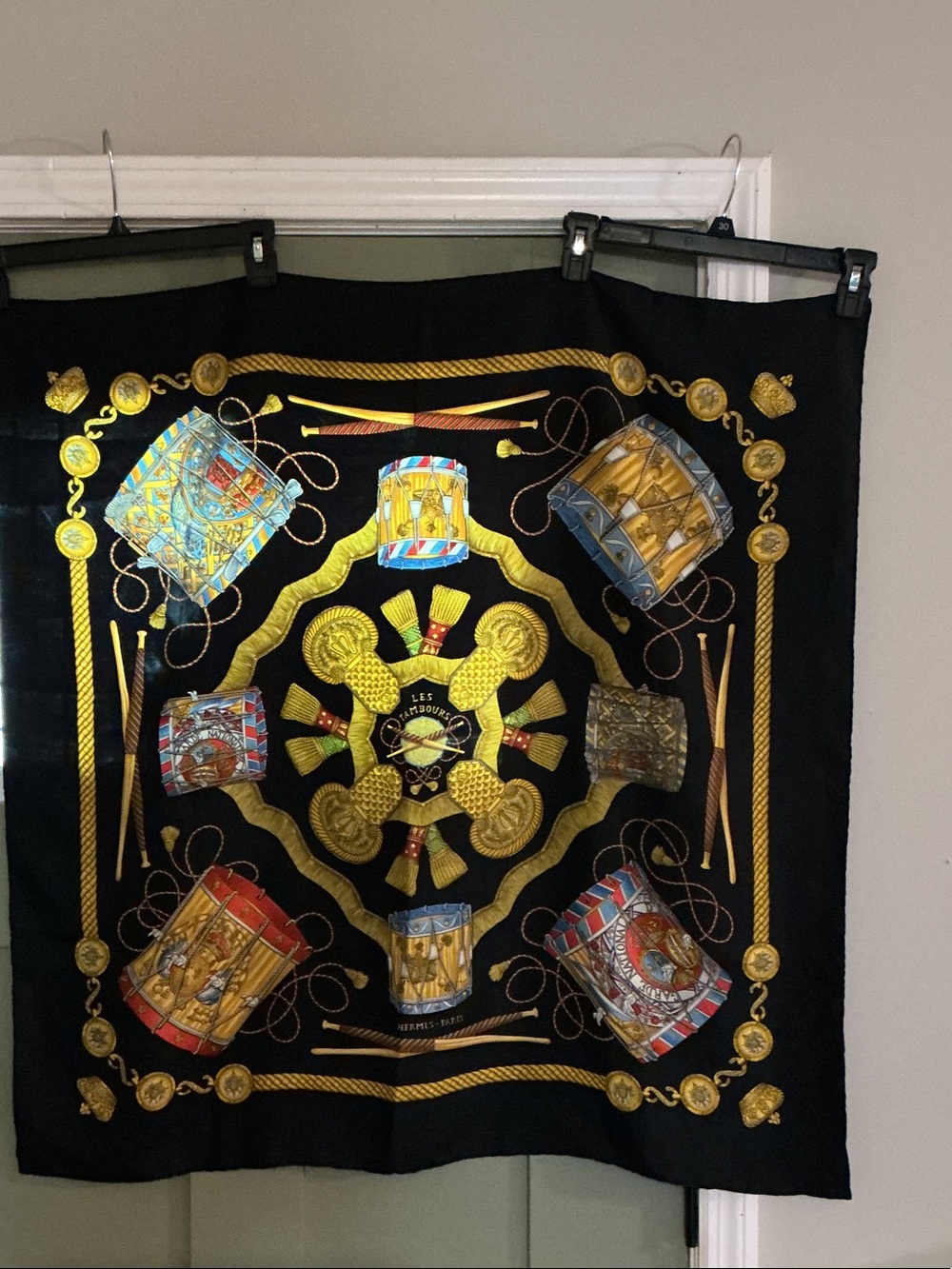 Hermes Paris Les Tambours (Drums) Black Silk Twill Scarf Gold Multicolor 35x35